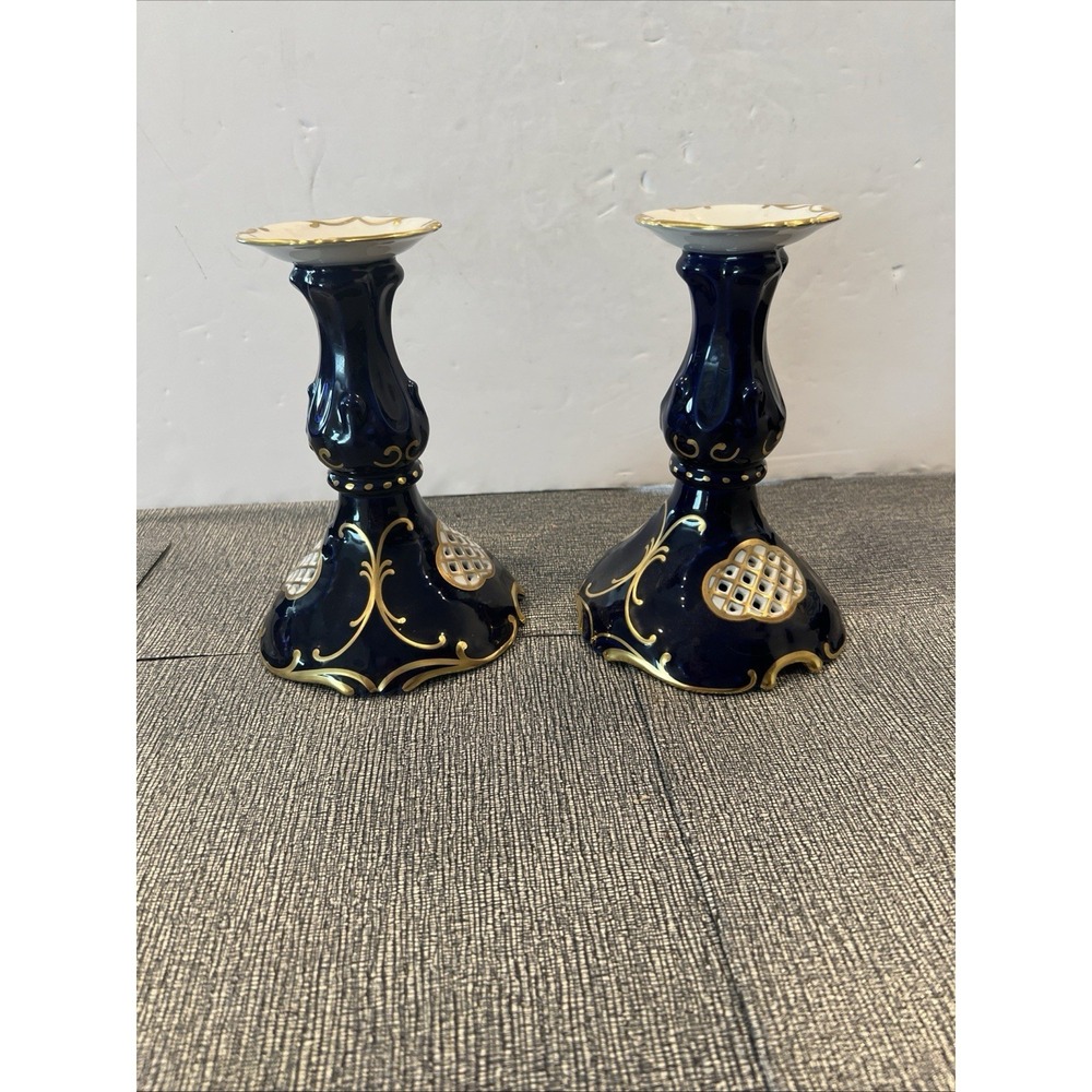 Vintage Pirken Hammer Czech Porcelain Candle Holder Set Of 2 Cobalt Gold